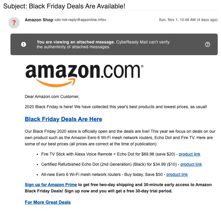 Un esempio di phishing che emula comunicazioni di Amazon per il Blak Friday